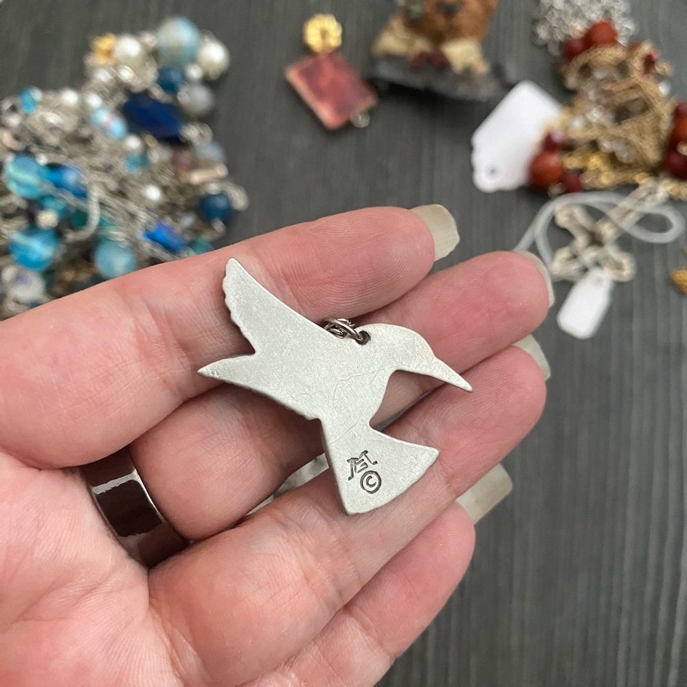 Silver Hummingbird signed Pendant Necklace - Picture 2 of 3